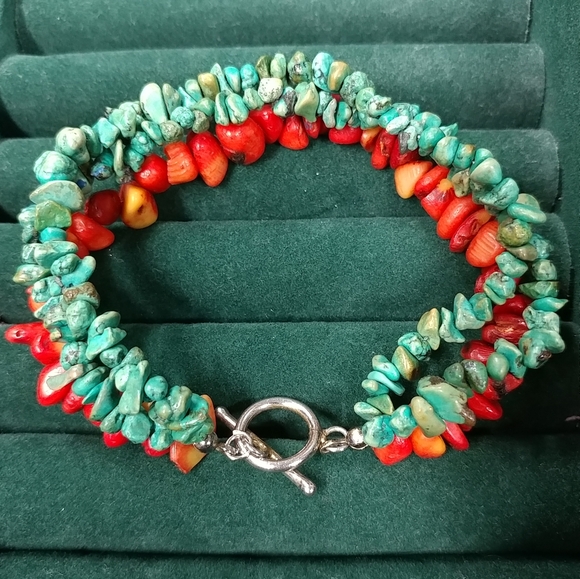 Turquoise Chip & Coral Bracelet 3 Strand 925 Sterling Silver 8" Long - Picture 2 of 16